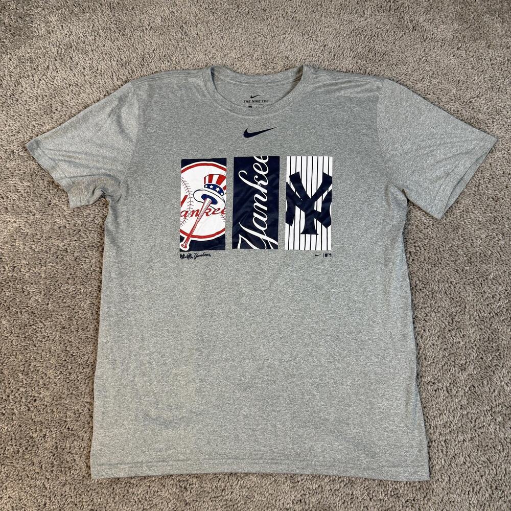 New York Yankees Shirt Mens L Gray MLB Baseball Nike Dri-Fit Graphic Logo